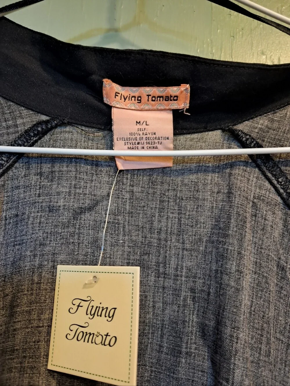 Flying Tomato Gray Chambray Button-Front Top with Black Trim - Picture 3 of 4